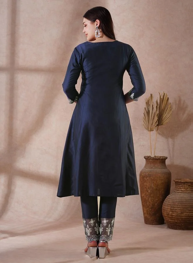 globus Women Blue Embroidered Pleated Kurta with Lace Hem Pants Set